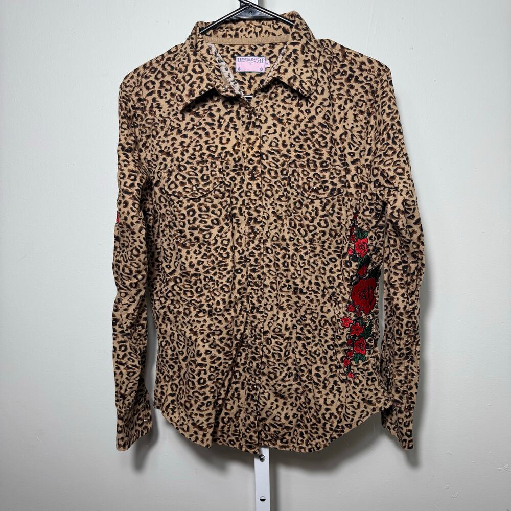 Vintage Y2K Ransom Ranch Leopard Print Western Shirt with Red Rose Embroidery Md